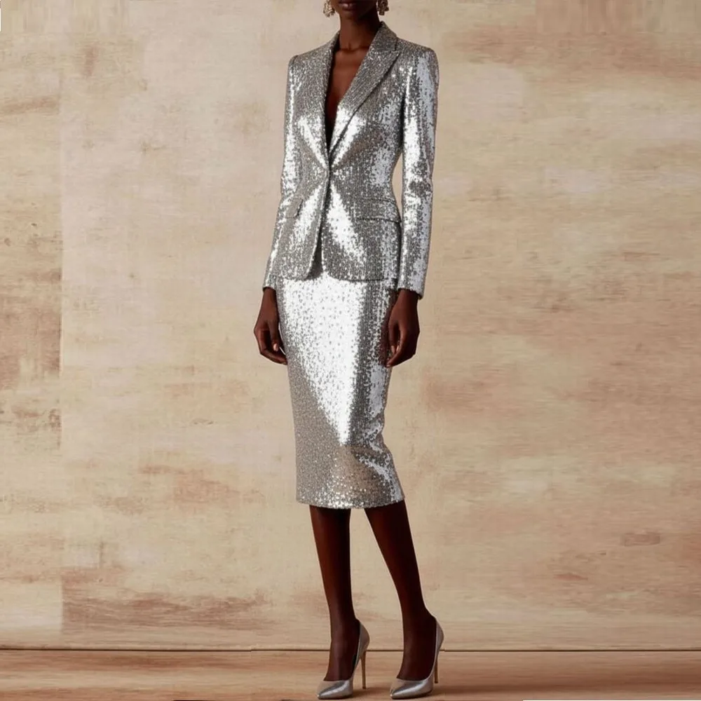 New Silver Sequin Formal Blazer Skirt Women Suits Lady Business Tuxedos Mother Wedding Party Ladies 2 Piece Set Jacket Skirt