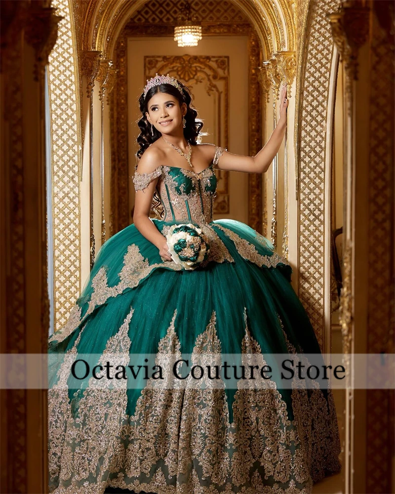 Robes de Quinceanera à paillettes avec appliques de perles, robe de Rhde luxe, vert émeraude, anniversaire, remise des diplômes, 2025