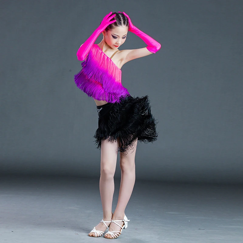 

New Latin Dance Girls' Gradient Tassel Skirt Split Set Children's Competition Performance Dress
