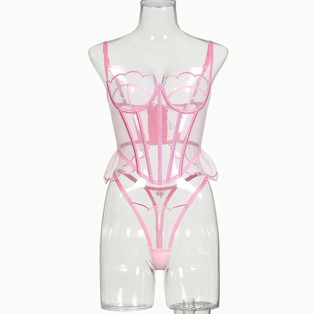 New body sculpting suspender, wave mesh yarn edge joint fish bone perspective sex underwear two-piece set sexy lingerie bodysuit