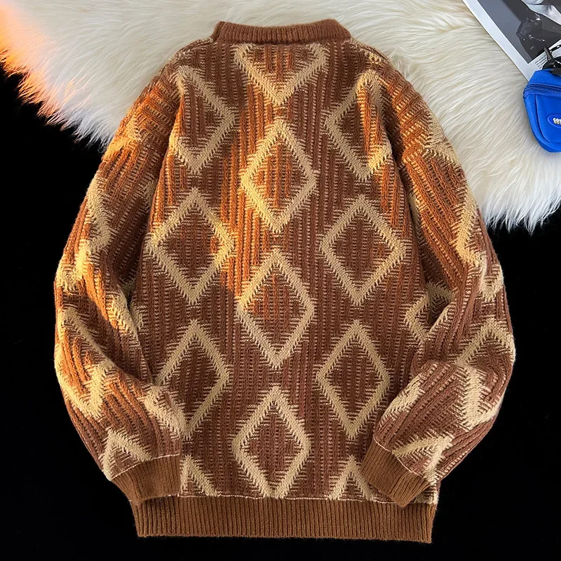 Nuovo maglione casual comodo caldo antivento con diamanti da uomo autunno inverno maglione pullover versatile casual di alta qualità all'aperto