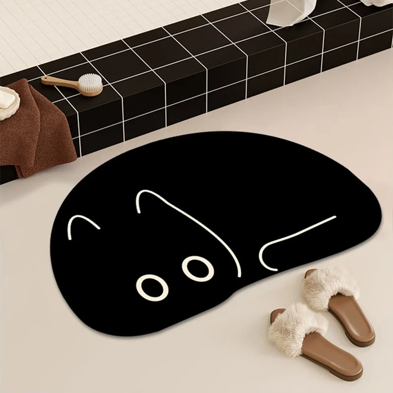 Black Cat Quick-Drying Bath Mats Cute Absorbent Floor Mats for Bathroom Bathtub with Non-slip Rubber Bottom Small Size Foot Pads
