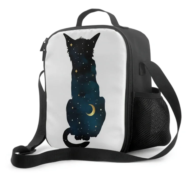 

Silhouette Of Cat With Crescent Moon And Stars Insulated Thermal Lunch Bags for Boys Girls Washable Tote Lunch Food Container