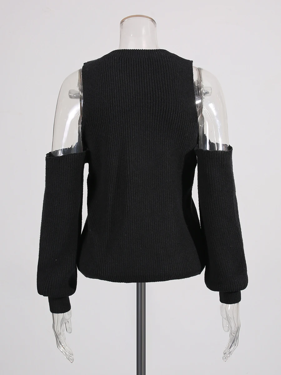 TWOTWINSTYL Solid Slimming Fashion Sweaters for Women Round Neck Off Shoulder Sleeves Split Minimalist Sweater Female Clothing
