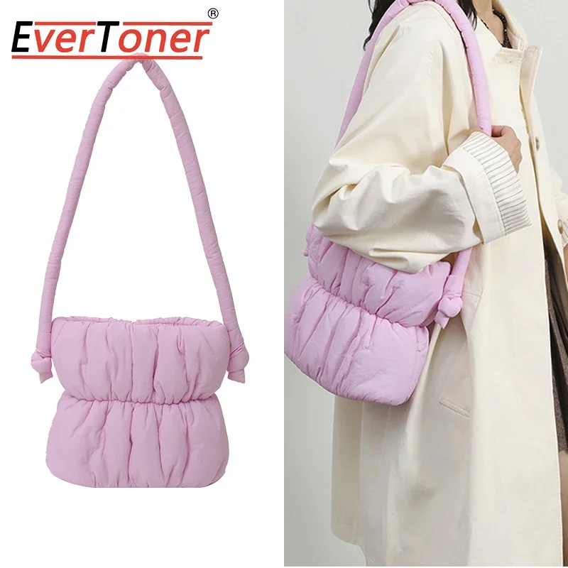 EverToner Ruched Small Puffer Bucket Bags Nylon Magnetic Closure Fashion Shoulder Bag for Women Underarm Handbag