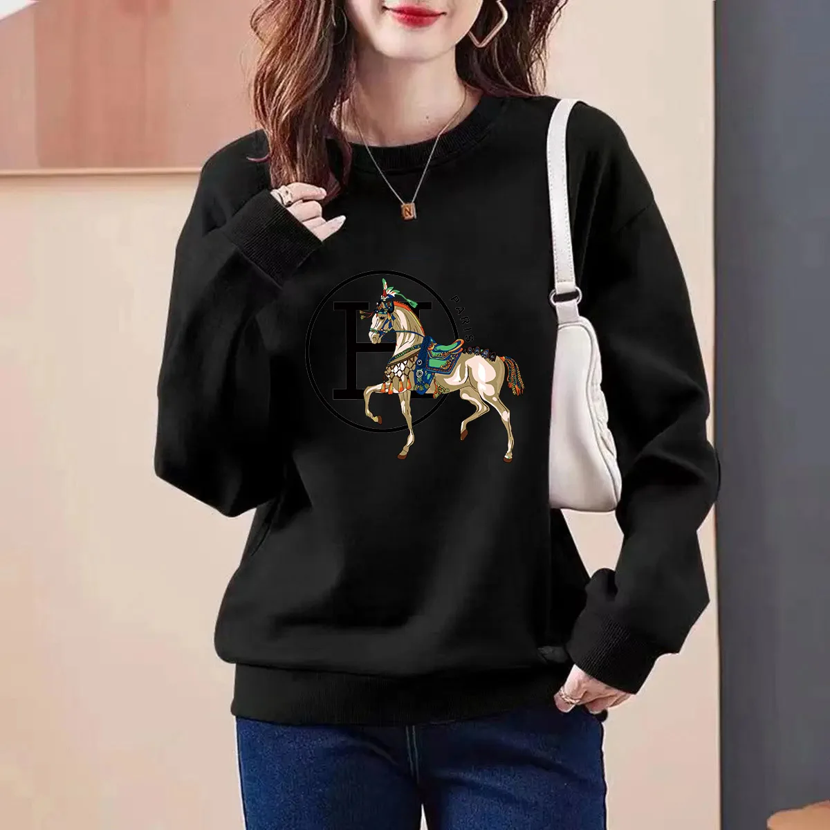 Women Clothing O-neck Sweatshirts Autumn Fashion Printed Loose Casual Hoodies Comfortable Pullover Pure Cotton Tops