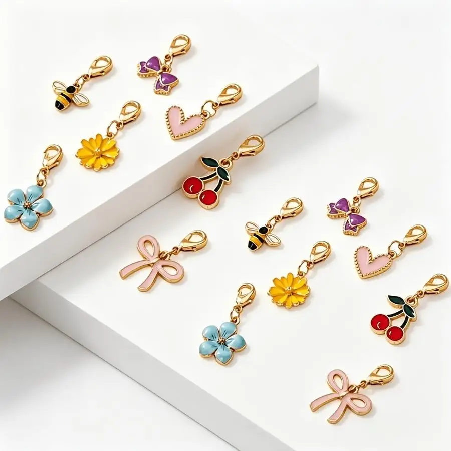 1/5/10/20/50/100pcs Cute enamel bag charm pieces with lobster clasps; mini heart, flower, bee, and cherry pendants for bags, bac