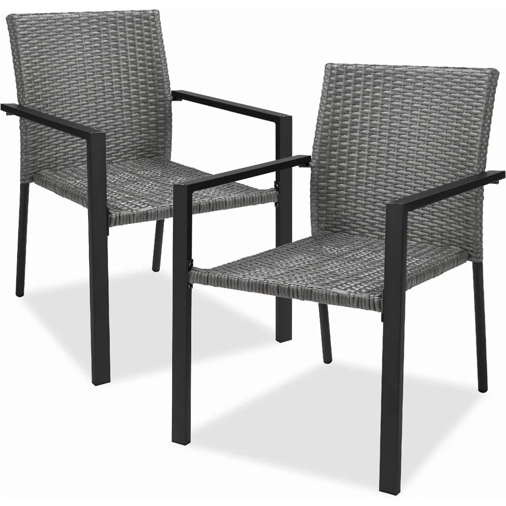 

Set of 2 Stackable Outdoor Wicker Dining Chairs All-Weather Firepit Armchair W/Armrests Steel Frame for Patio, Deck, Garden Gray