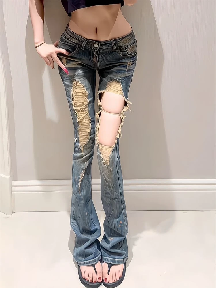 American Vintage Washed Distressed Jeans Full Length Women Streetwear Y2k Retro Low Rise Long Denim Pants Bodycon Hot Girl