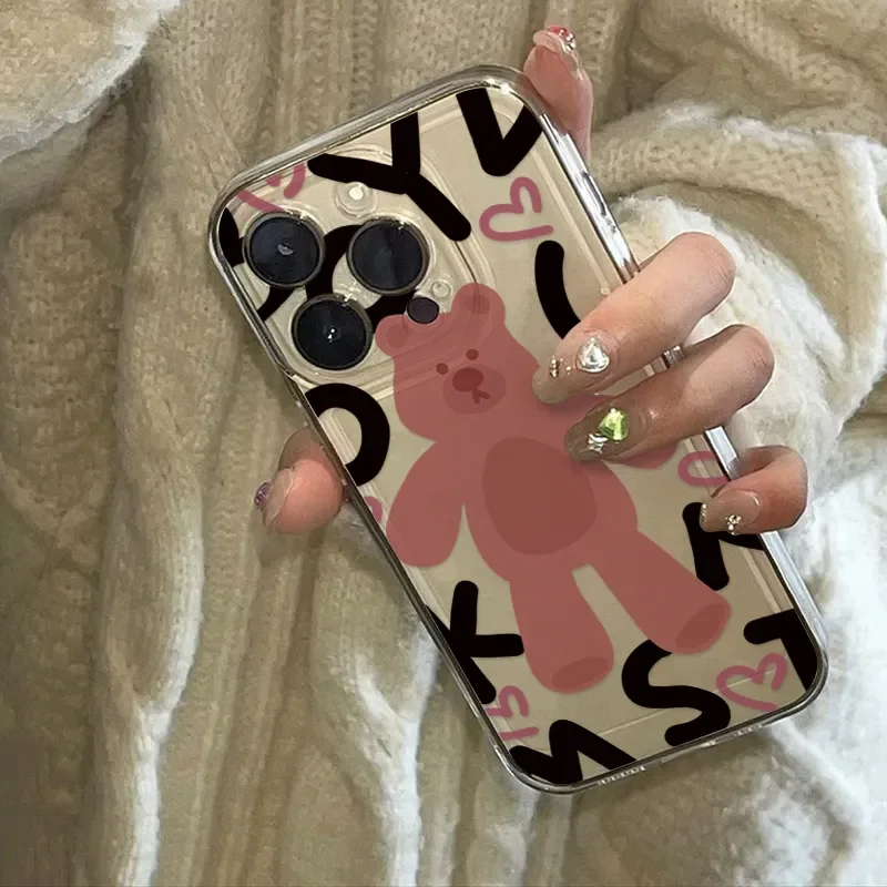 Ins Korean  Lovely Pink Bear Phone Case For iPhone 16 Pro Max 15 14 13 12 11 XR XS Max 7 8 Plus Y2K  Soft Anti fall Phone Case