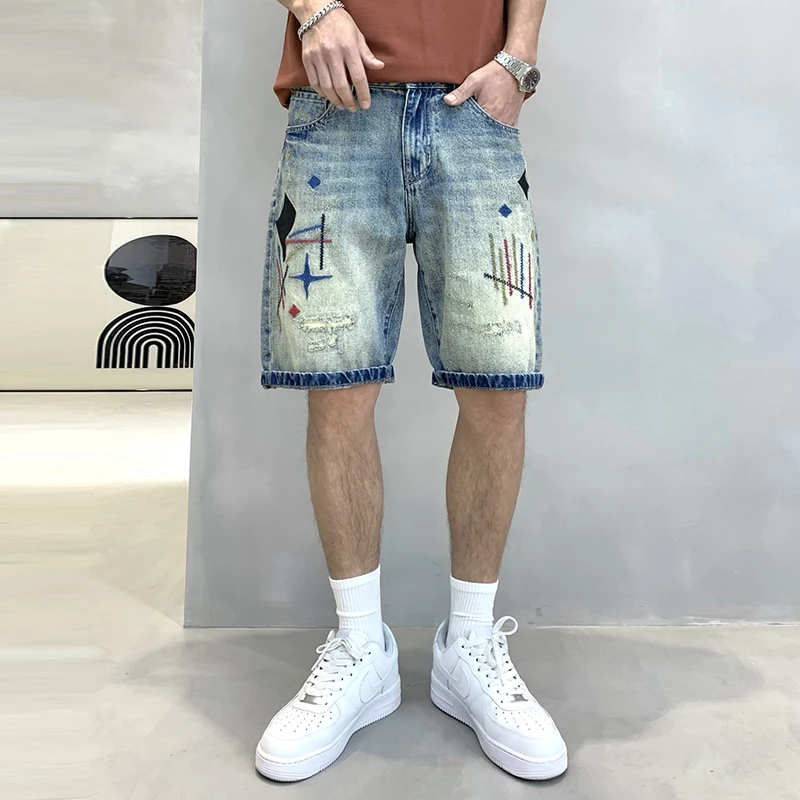 Geborduurd Gat En Patch Denim Shorts Men2024zomer Nieuwe Street Fashion Koreaanse Stijl Gepersonaliseerde Retro Cropped Broek