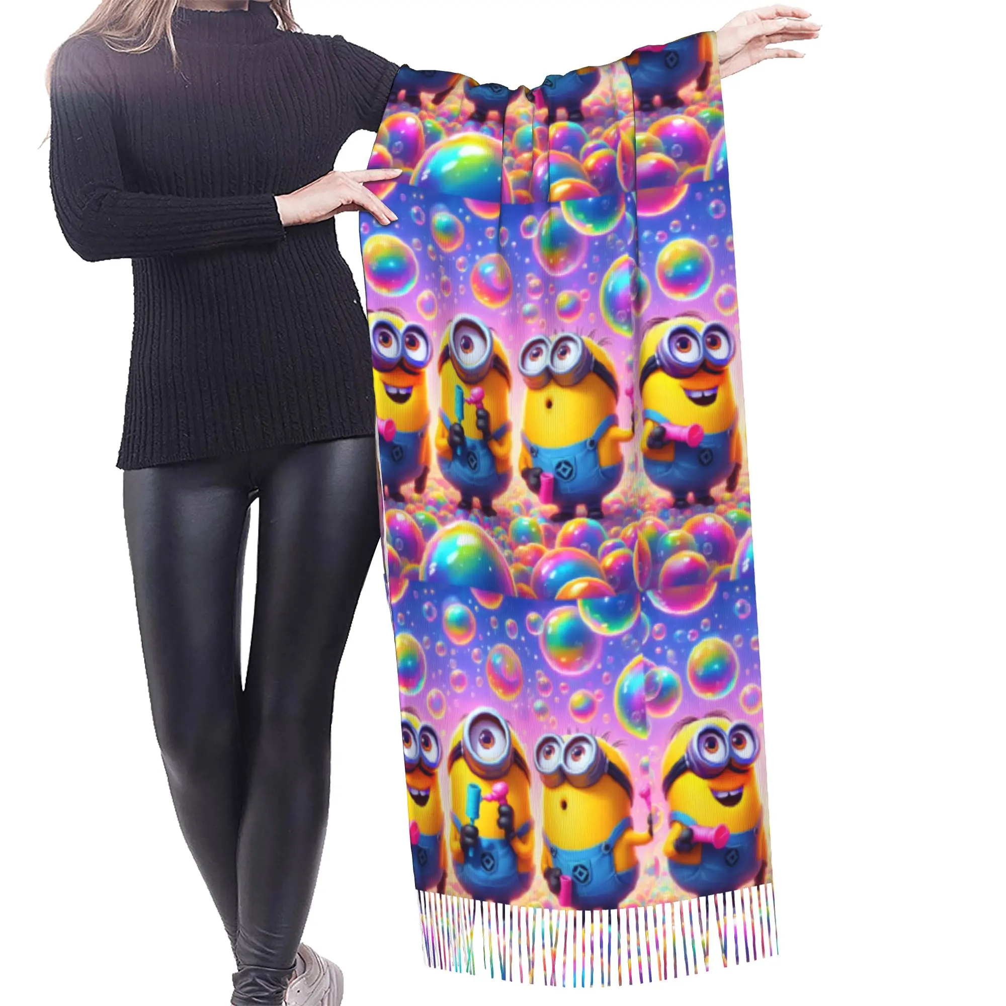 Custom M-Minioned Anime Scarf Wrap Women Long Winter Fall Warm Tassel Shawl Unisex Manga Cartoon Scarves