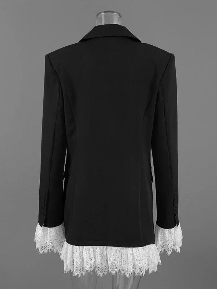 Fashion One Button Lace Belt Blazer Women Black Loose V-neck Full Sleeve Shoulder Pads Jacket 2025 Autumn Lady All-match Outwear