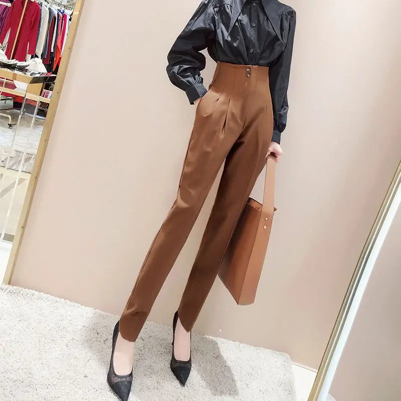 Office Lady All-match Solid Color Cropped Pants Autumn Women\'s Clothing Simplicity Casual Female Button High Waist Harem Pants