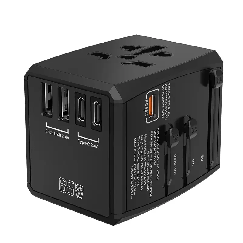 PD 65W Universal Travel Adapter International Plug Adapter Fast 2.4A 5-USB European Power Plug travel adaptor