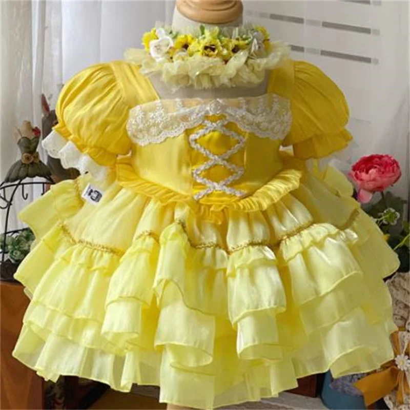 

Princess Irregular Dress Sparkling yellow Gauze Skirt Short Sleeve Cake dress