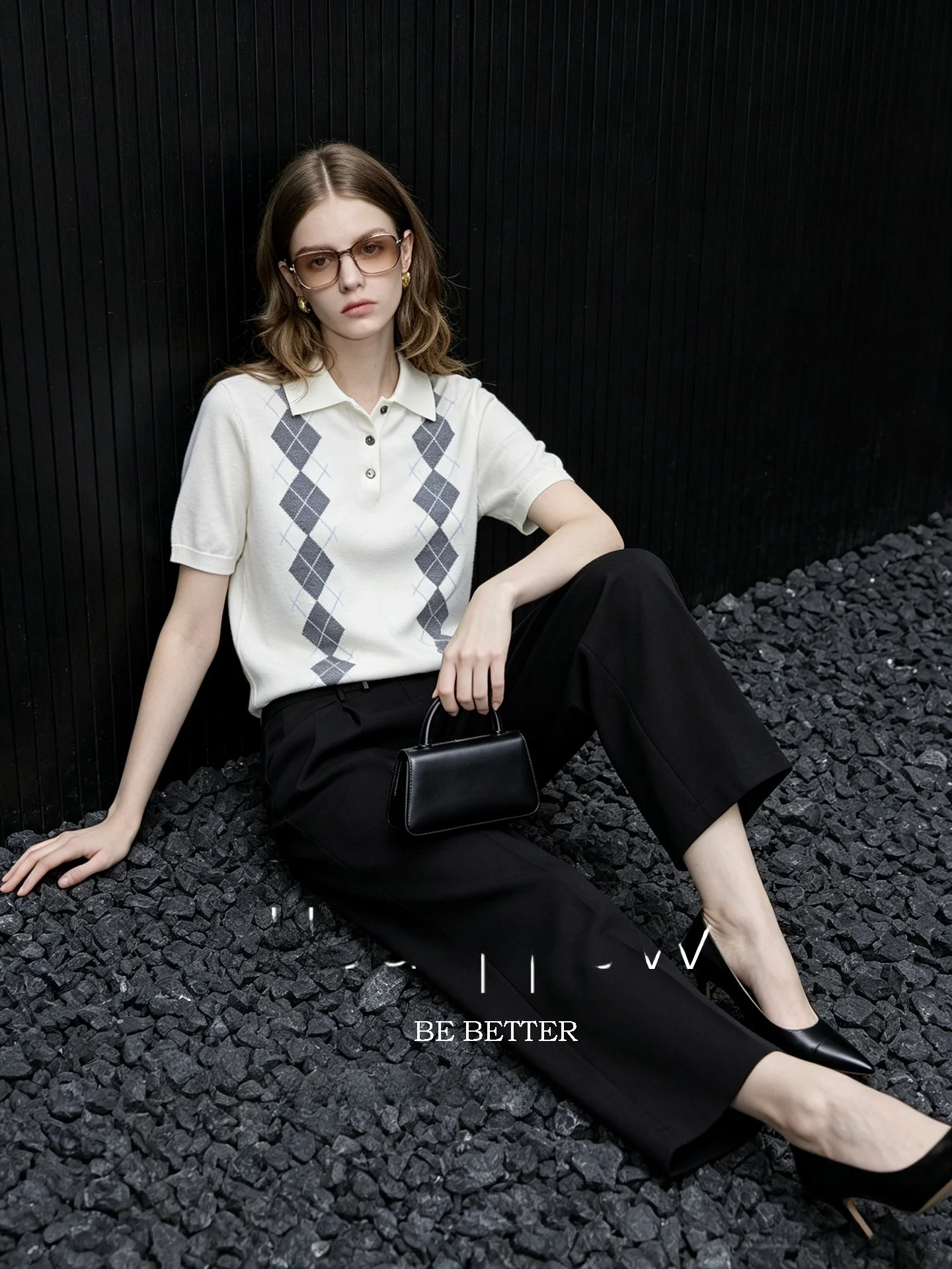 Huaappuw French Style  Neck Knitted Sweater Loose Short Sleeve Diamond Pattern High Intelligence Sensation Early Autumn N...