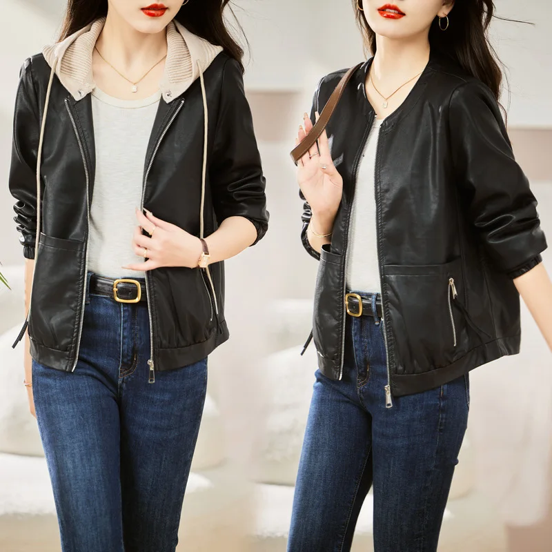 

Leather jacket for women's 2024 new spring and autumn season, small and short casual fashion hooded patchwork sheepskin top