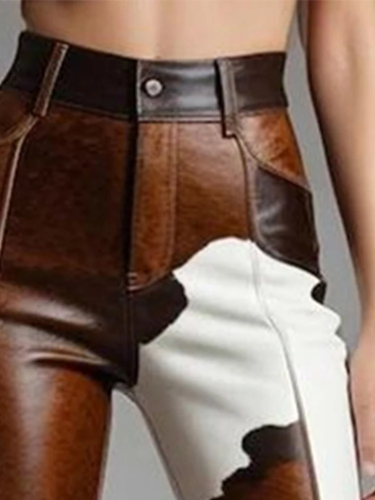 Women's Cow Pattern Leather PU Flare Pant High Waist Slim Faux Leather Trousers High Street Fashion Casual Capris 2025
