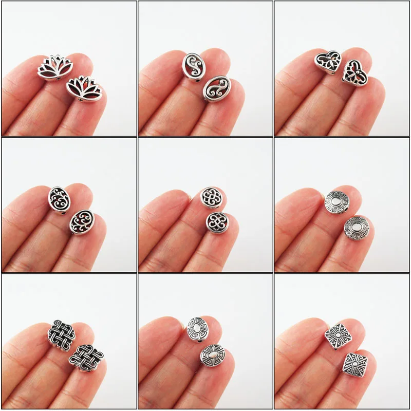 Fashion New Lotus Flower Chinese Knot Round Heart Oval Charms Spacer Bar Beads Tibetan Silver Plated