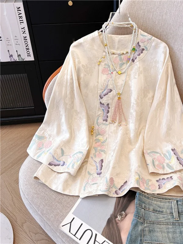 

New Chinese Sle Embroidered Silk Satin Women's irt Spring Autumn High Faion Meat Concealing Slimming Trendy Top