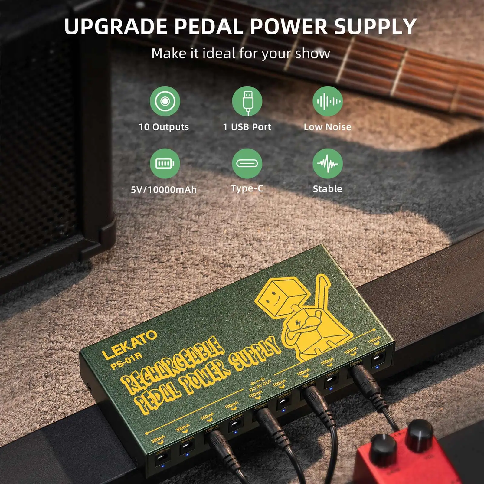 Lekato Reliable Rechargeable Power Supply for Effect Pedals10Independent9V Outputs with Short-Circuit Protection&ultra-Low Noise