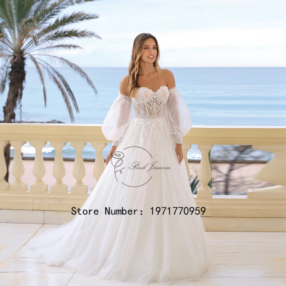 

Princess Strapless Wedding Dresses Sweetheart Dteachable Puffy Sleeves Bride Gowns A-Line Court Train Tulle Applique vestido de