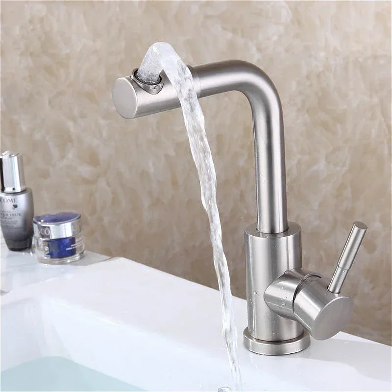 صنبور حوض غسيل مثبت على سطح السفينة 360 درجة °   صنابير الحمام الدوارة 304 الفولاذ المقاوم للصدأ مقبض واحد نحى النيكل الساخن الباردة الحنفية