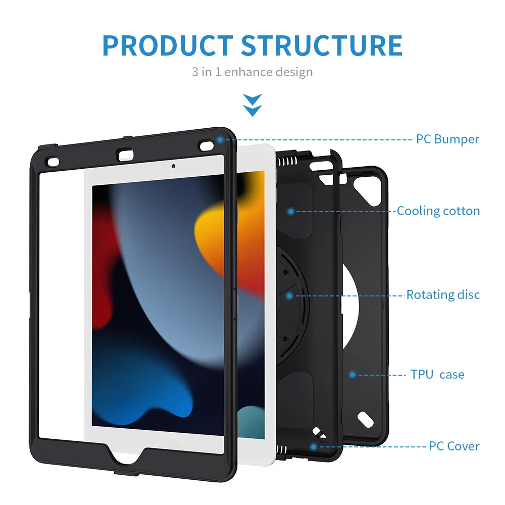 Suitable for Apple iPad 10.2, 789th, 2021, Three Protection Tablet Silicone Protective Case with 360 ° Rotating Disc iPad Case