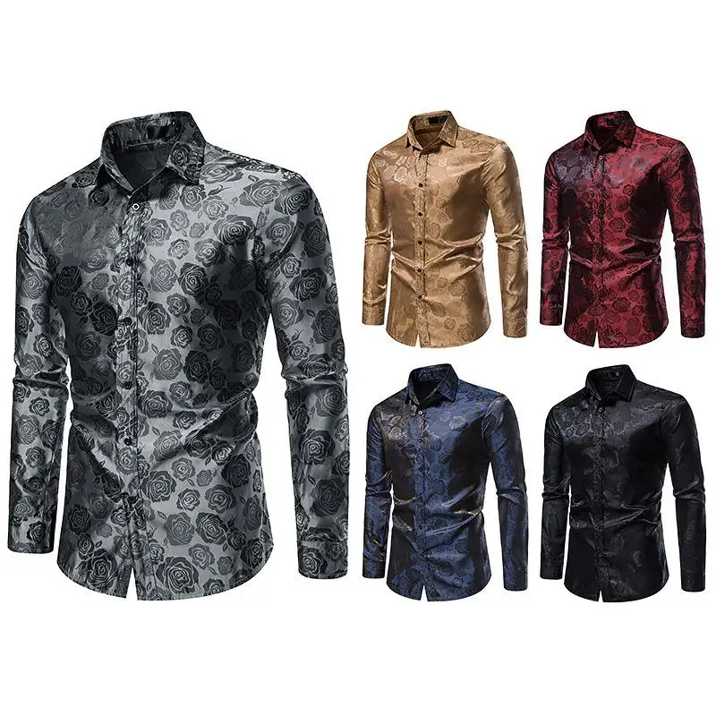 

Men's Long Sleeve Rose Printed Shirt Comfortable Lightweight Polyester Casual Business Shirt Classic Color for Spring