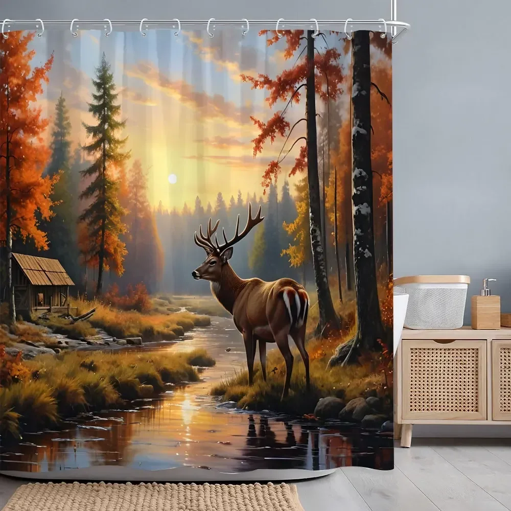 Autumn Forest Deer Shower Curtain River Sunset Rustic Barn Thanksgiving Polyester Fabric Bath Curtains Bathroom Decor with Hooks