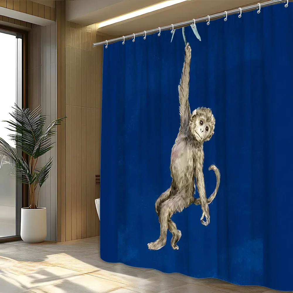 1pc Whimsical Monkey Shower Curtain - Playful Upside-Down Hanging Monkey Design on Deep Blue Background, Realistic Fur Texture,V