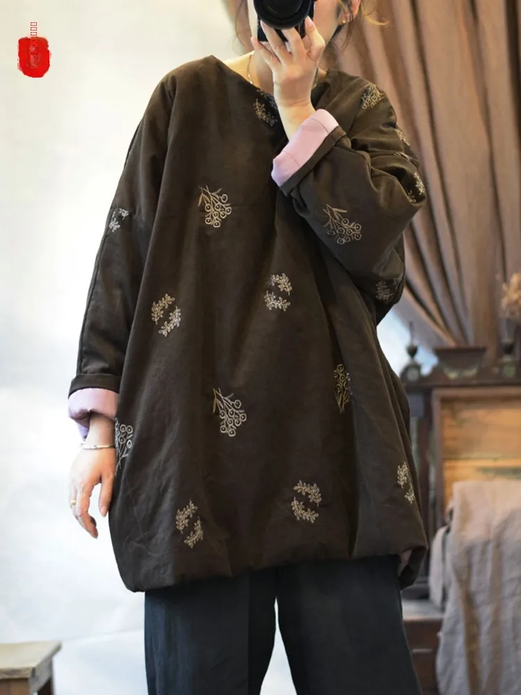 

Original Winter Pure Cotton Corduroy Embroidered Asymmetrical Warm Coat Vintage Sle Tee-Dimensional Cotton Jaet