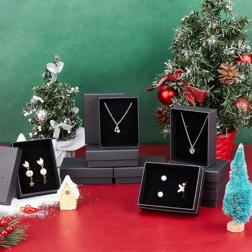 12 Pcs Black Rectangle Jewelry Box 3.5x2.8x1.2 Cardboard Jewelry Boxes with Sponge Inside Kraft Paper Boxes Christmas Gift Paper