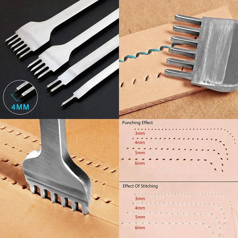 12X Lacing Stitching Chisel Set DIY Leather Craft Tool 4Mm Diamond Hole Punches For Leather 1/2/4/6