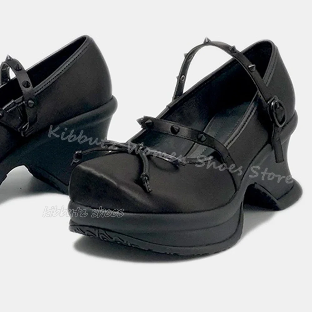 

Mary Jane Rivet Pumps Belt Buckle Platform Round Toe Strange Heels Genuine Leather Solid Color Slip-On Fashion Elegant Concise