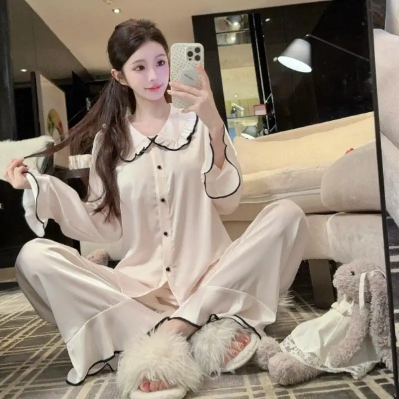 

Атласный пижамный костюм с лацканами, женский весенне-осенний новый нежный милый верхняя одежда, домашняя одежда, 2 шт., элегантная изысканная одежда