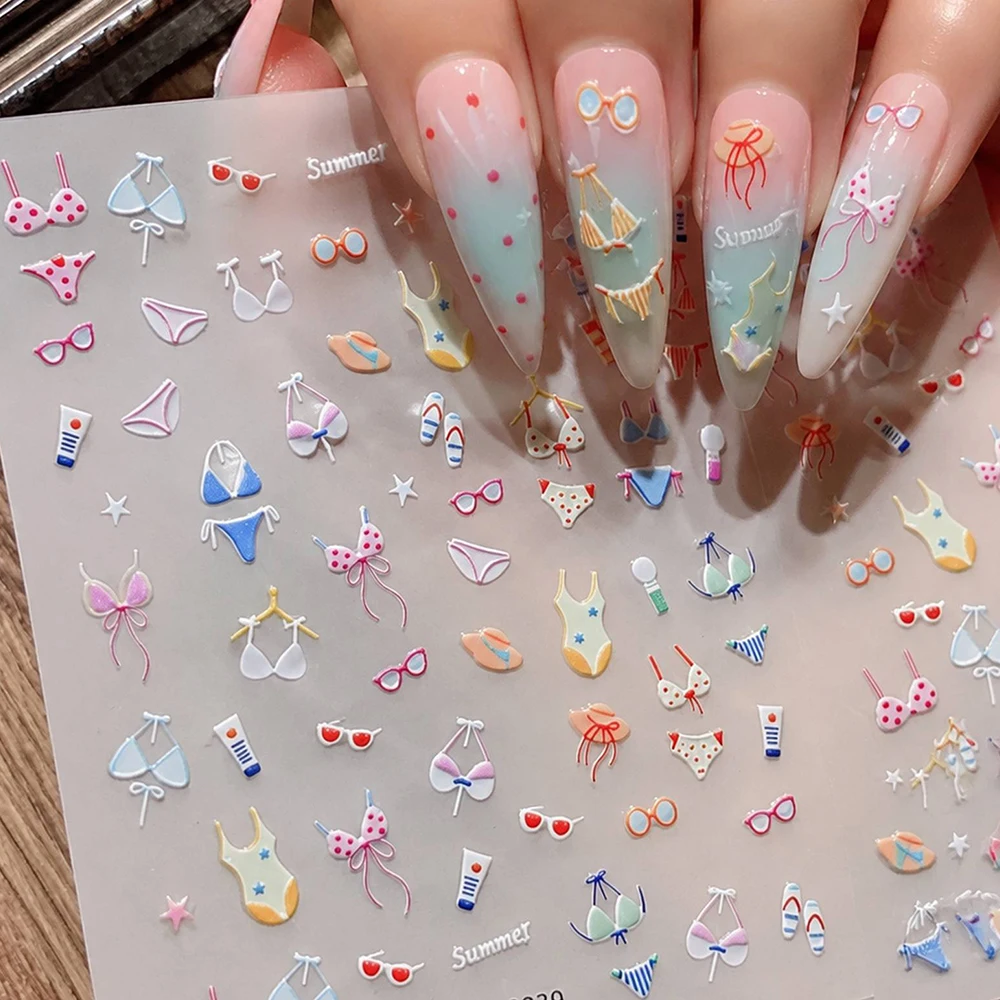1Pc 5D Embossed Bikini Nail Stickers Summer Beach Vacation Nail Art Decals Cute Sunglasses Pattern Self Adhesive Nail Decoration