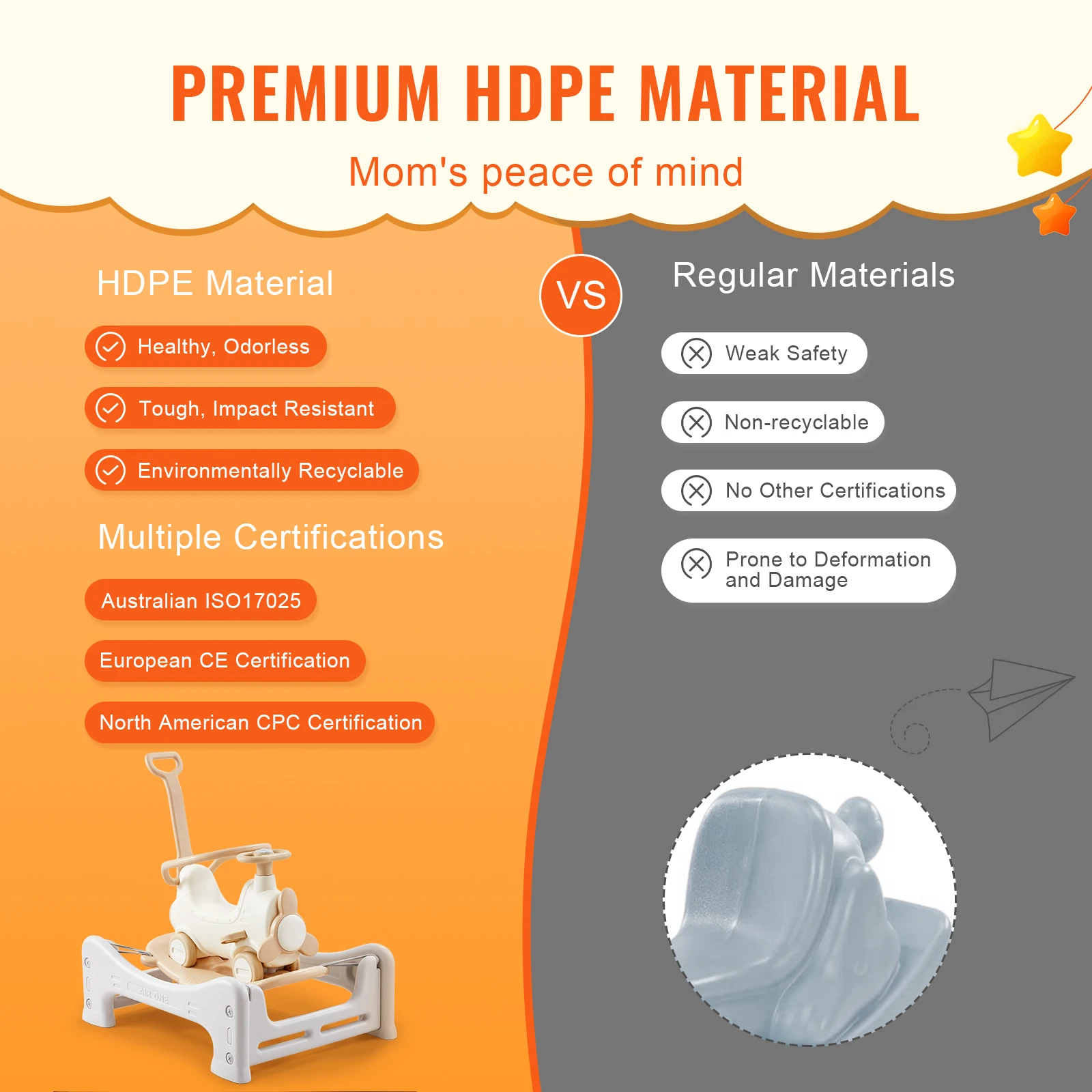 VEVOR 5 in 1 HDPE Rocking Horse for Toddlers 1-3 Years, Baby Rocking Horse with Trampoline Detachable Balance Board