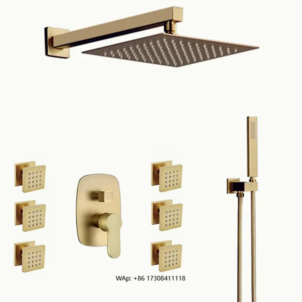 

Bathroom Luxury Modern Brass Brushed Gold 10 Inch Wall Mount Single Handle Best Concealed Thermostatic Shower Set Rainfall