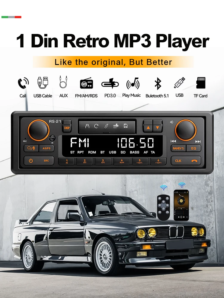 Klasyczne radio samochodowe w stylu retro Bluetooth 5.1 AUX FM AM RDS EQ QC3.0 Sterowanie głosowe 12V Multimedialny odtwarzacz stereo USB TF 1 Din MP3 — 2