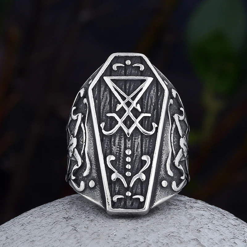 Gothic Lucifer Satan Seal of Satan Signet Rings Punk Stainless Steel Horn Anels Men and Women Pagan Jewelry Party Gift