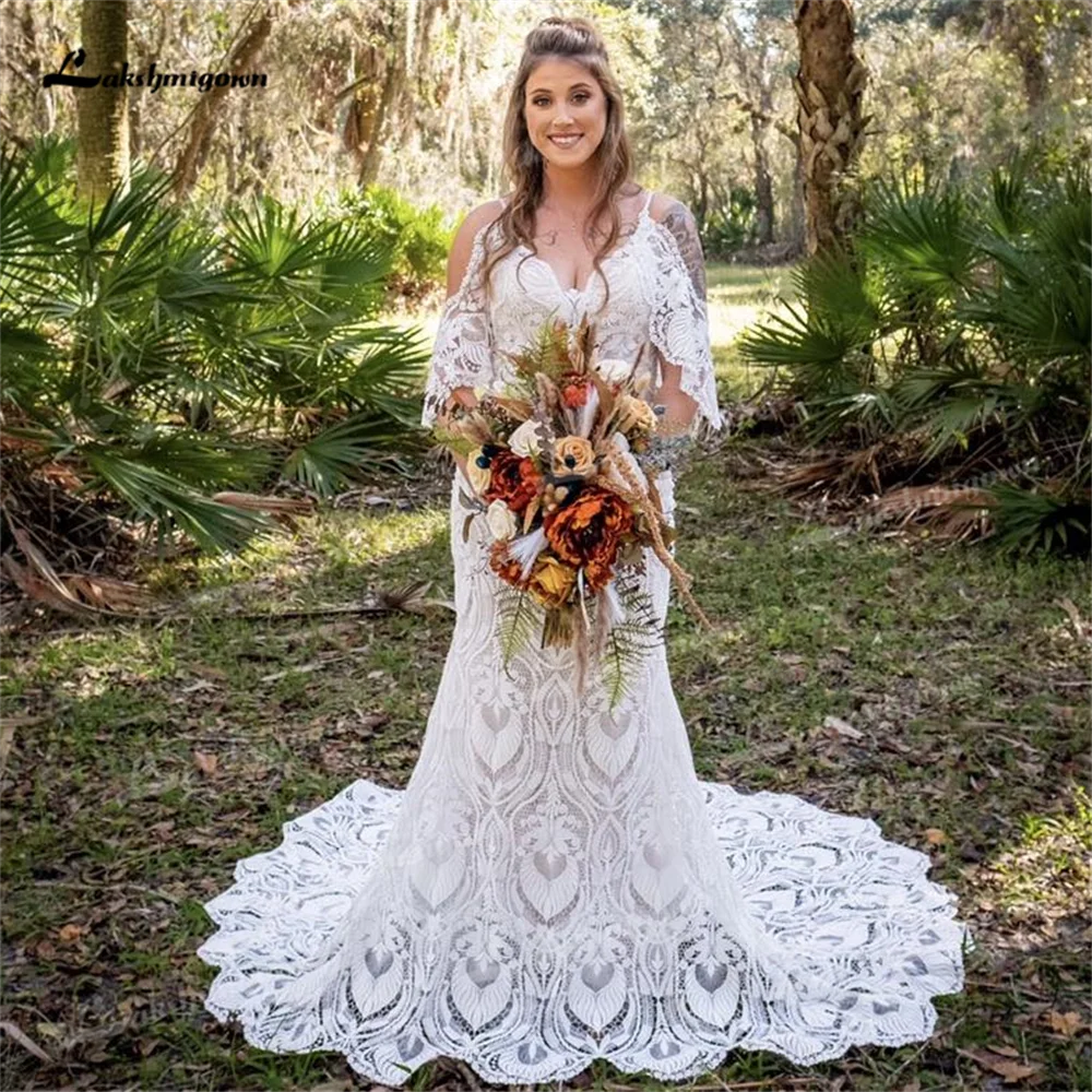 Vintage Zeemeermin Trouwjurk Kant Blote Schouder Mouwloos V-hals Sweep Trein Bescheiden Vrouwen Formele Bruidsjurken Robe De Mariée