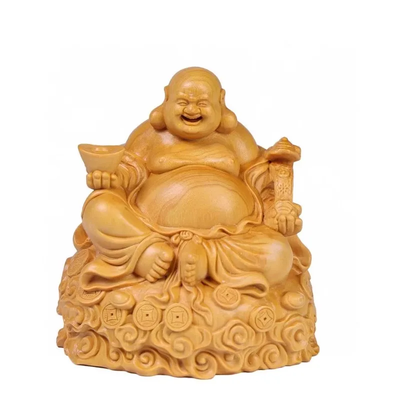 Natural Laughing Buddha Statue, Lucky Maitreya Monk Sculpture, Wood Carved Home Office Decor, Prosperity Gift view 5