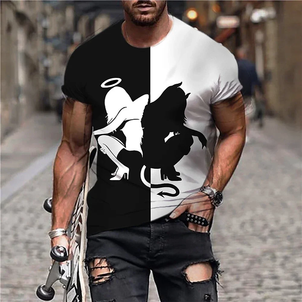 Boutique New Angel Devil Elements Printed T-Shirt Men Breathable Fitness Sports Short Sleeve Summer Casual Undershirt Men's Top