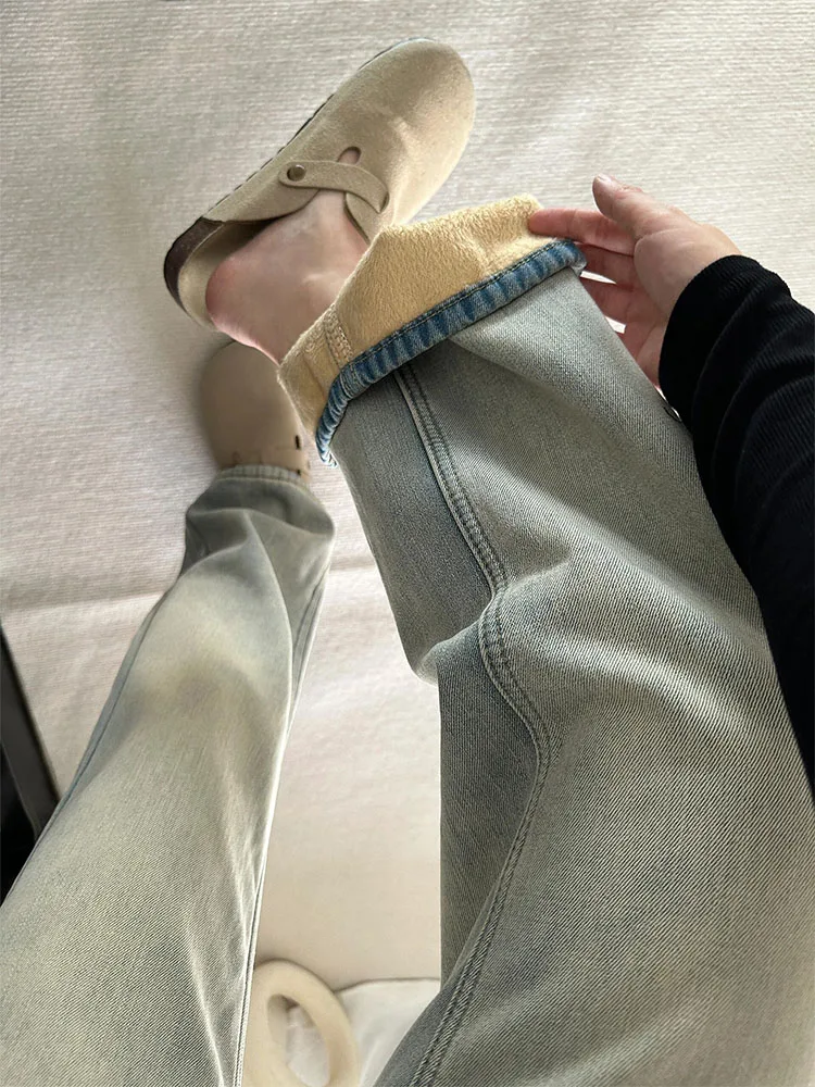 

Джинсы Thiened Fce с широкими штанинами, женские, осенне-зимние, для полных женщин, с высокой талией, свободные, прямые, стройнящие брюки