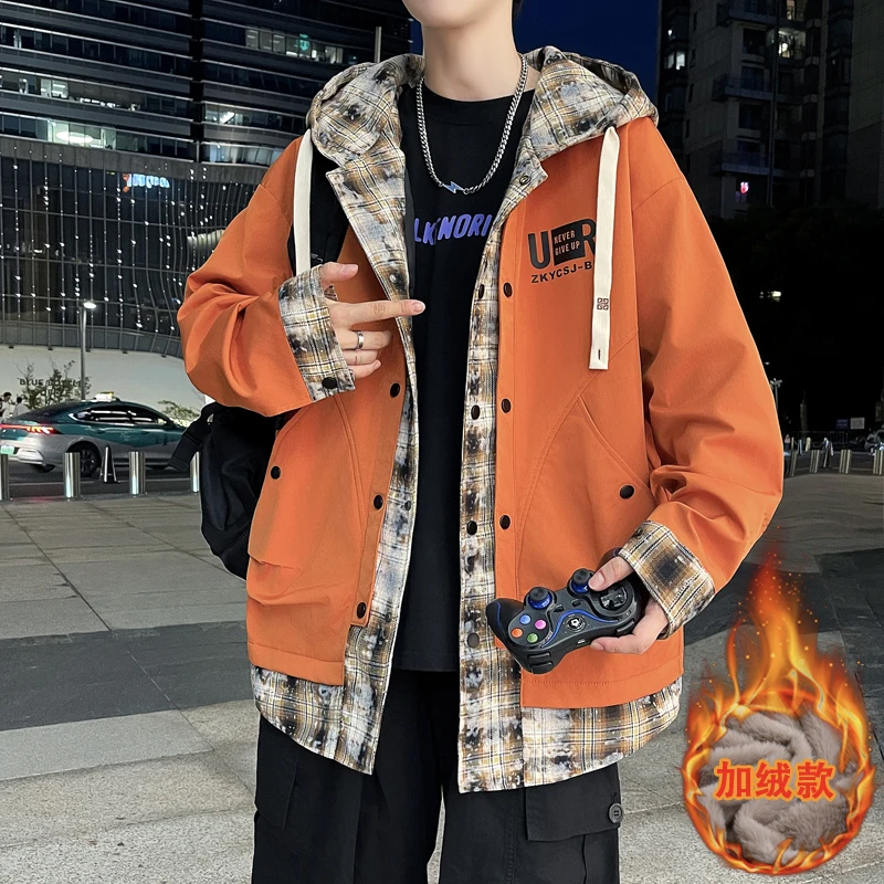 Youth Fashion Hooded Fleece Liner Jacket 2026 Autumn Winter Streetwear Loose Plush Coat Men's Casual Thicken Top Parka Clothing