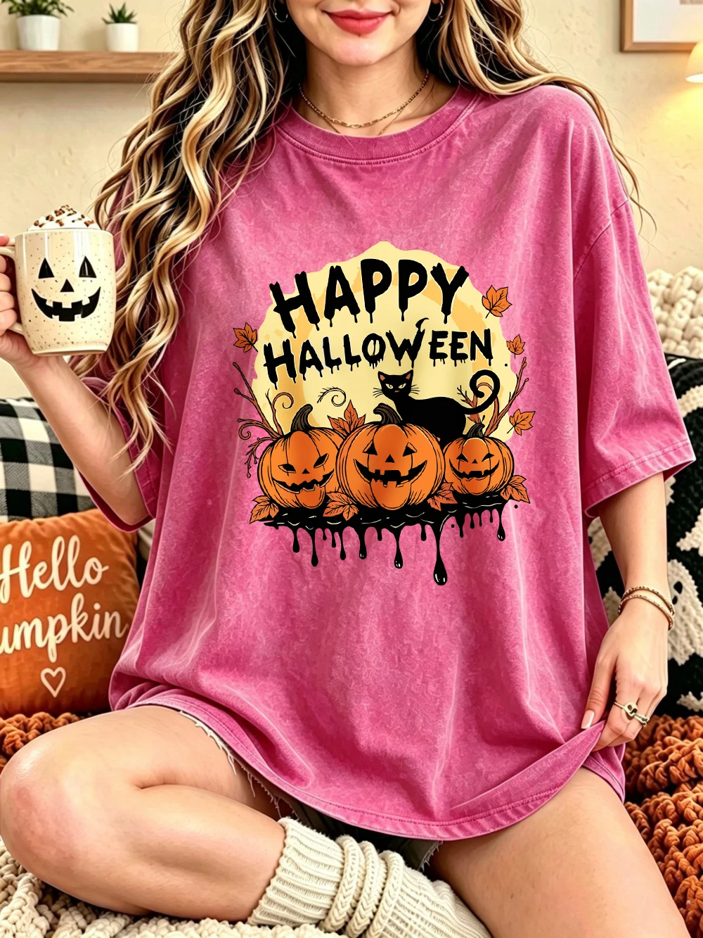 Happy Halloween Kürbisse bedruckte, gewaschene T-Shirts, Damen-Baumwoll-Tops mit kurzen Ärmeln, lässige Oversize-T-Shirts mit Rundhalsausschnitt, Sommerkleidung – Detail 13