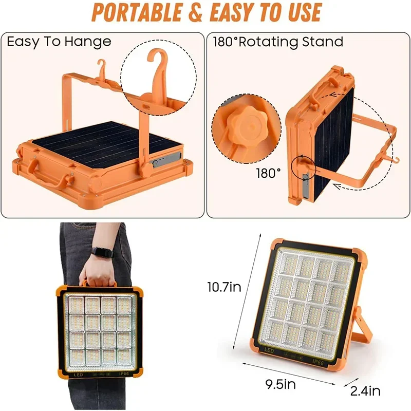 Luz de inundação solar portátil ao ar livre Refletor LED Refletor LED Projector recarregável, Lâmpada de construção, novo, 2000W