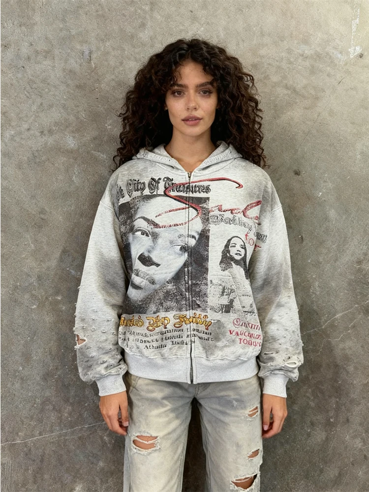 

Harajuku retro trend fashion Gothic personality print hooded zipper cardigan sweatshirt autumn and winter punk street Y2k top